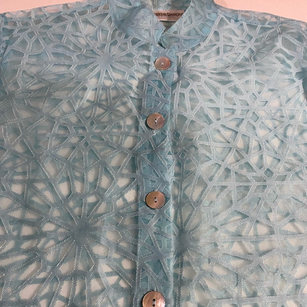 Draper’s & Damon’s Button Down Top, Sheer blouse, Geometric, Petite Sz L - Picture 3 of 8